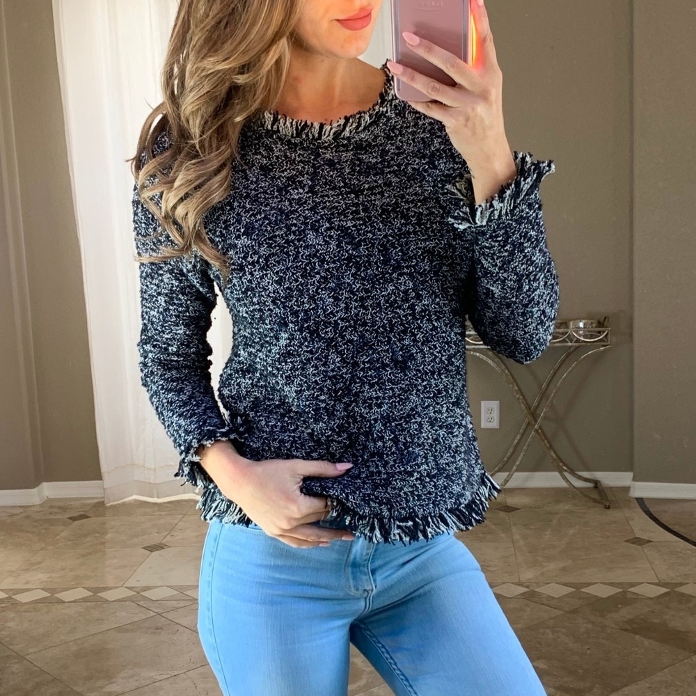 Nic + Zoe Black White Tweed Fringe Chunky Sweater